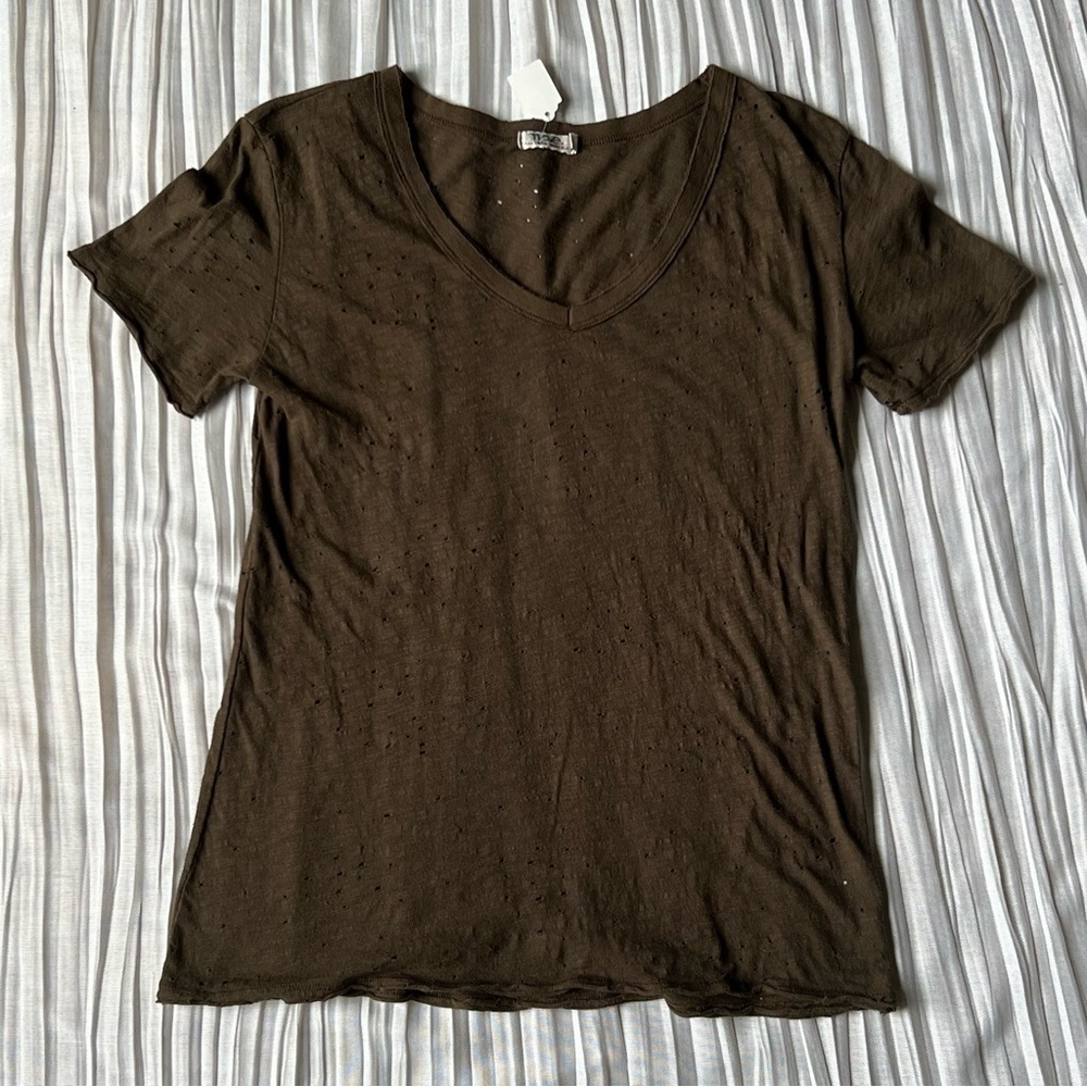 T2Love brown vneck tshirt withe distressed holes! Size Medium